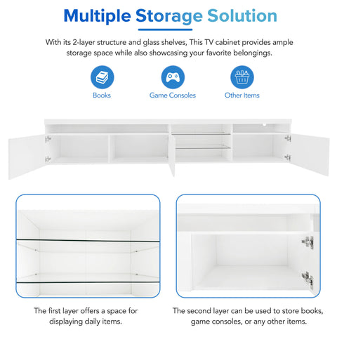 94.5" Extra-Long TV Stand with Glass Shelves and App-Controlled LED Lights, White, view 6