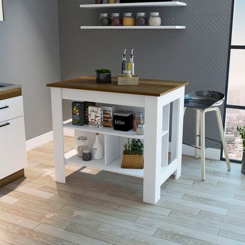 Kitchen Island with 3 Storage Shelves and Stool Legroom, 40.5" White and Walnut