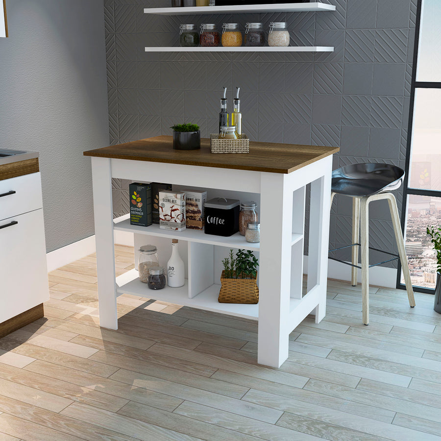 Cala Kitchen Island, Four Legs, Three Shelves  -White / Walnut