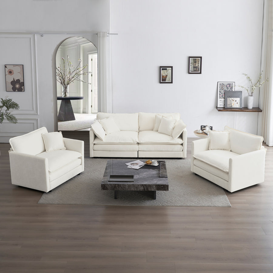 White Chenille 3-Piece Casual Sofa Set | 2 Armchairs, 2-Seat Sofa with Arm & Toss Pillows