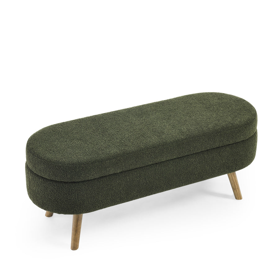 Green Oval Storage Ottoman Bench – Foam Upholstery with Rubber Wood Legs, 43.5” for Bedroom or Living Room