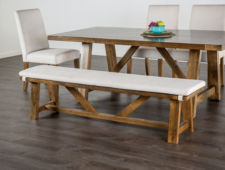 1pc Upholstery Bench Brown And White Finish Fabric Cushion On Top Upholstered Seat Trestle Base Rustic