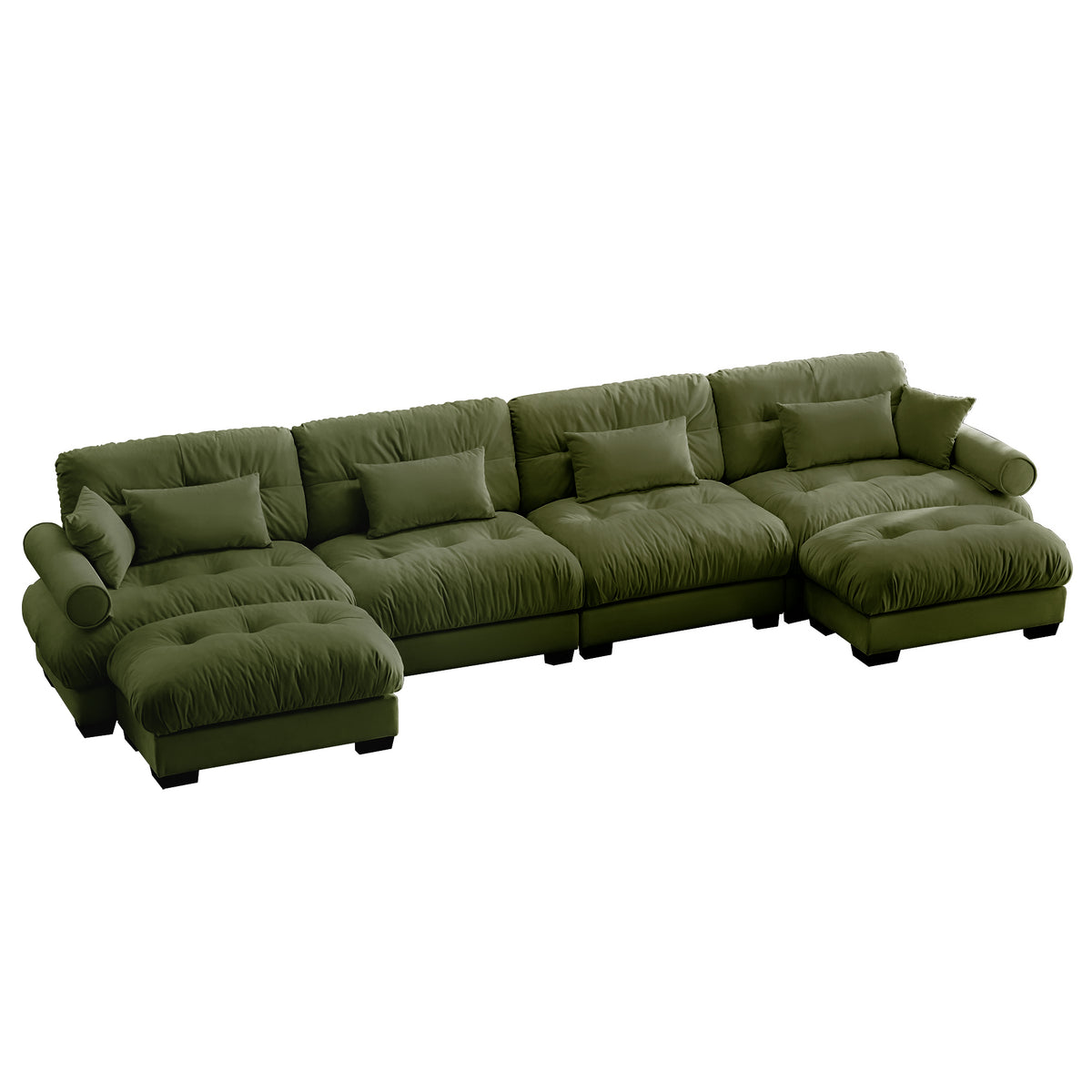 U-Shaped Sectional Cloud Sofa with Movable Ottomans and Bolster Armrests, 4-Seat Olive Green Velvet