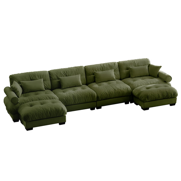 U-Shaped Sectional Cloud Sofa with Movable Ottomans and Bolster Armrests, 4-Seat Olive Green Velvet