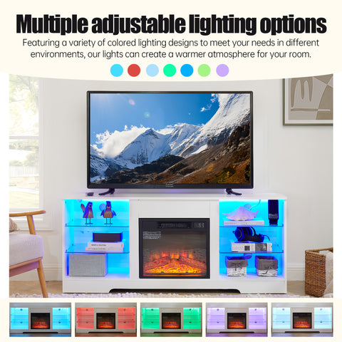 Electric Fireplace TV Stand with LED Lights and Glass Shelves, White, view 2