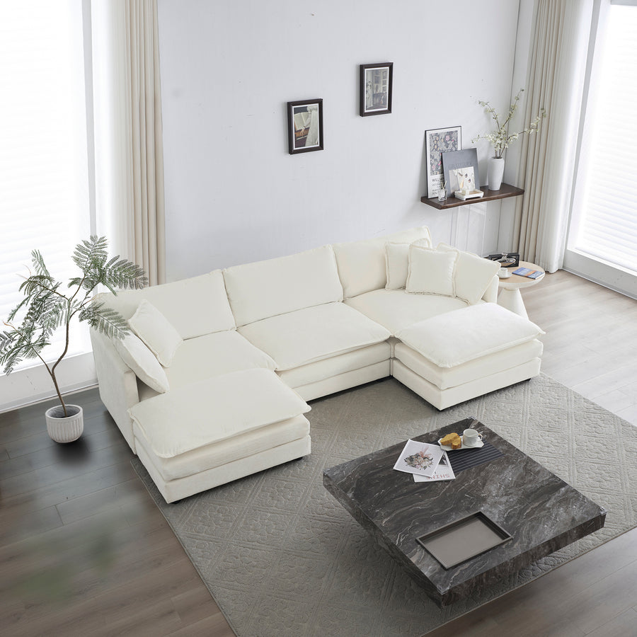 White Chenille 4-Piece Modern Minimalist U-Shaped Modular Sectional Sofa | 5-Seater Convertible Corner Couch with Reversible Footrest & 2 Ottomans