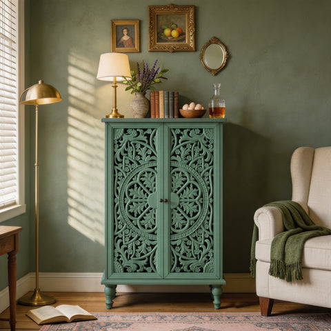 Farmhouse Accent Cabinet with Carved Hollow Doors and Turned Legs, Antique Green, view 2