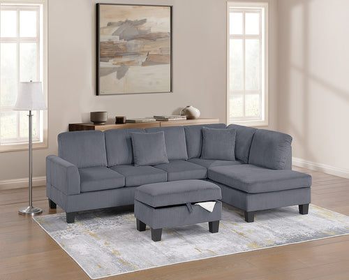 Corduroy Sectional Sofa with Chaise and Storage Ottoman, 3-Piece L-Shaped Set, Dark Gray