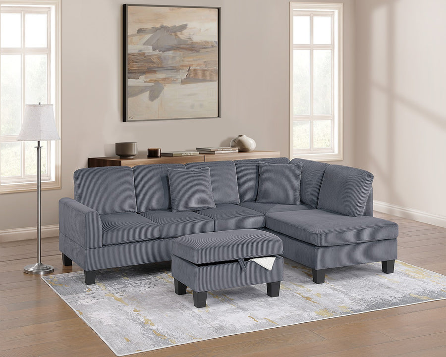 Dark Gray Corduroy 3-Piece Sectional Sofa Set | RAF Chaise, LAF Sofa & Storage Ottoman