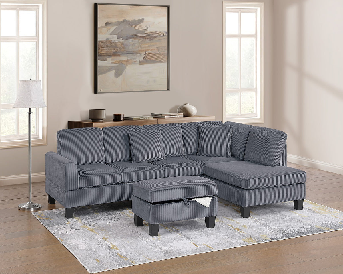 Dark Gray Corduroy 3-Piece Sectional Sofa Set | RAF Chaise, LAF Sofa & Storage Ottoman