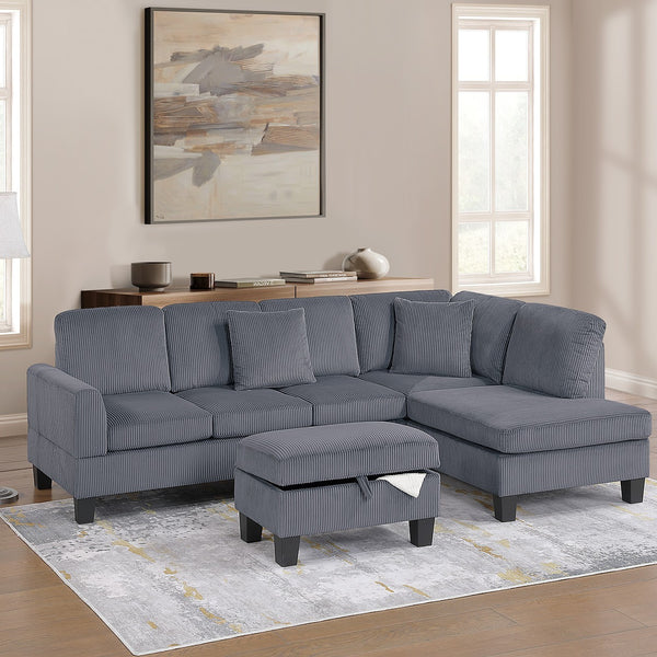 Dark Gray Corduroy 3-Piece Sectional Sofa Set | RAF Chaise, LAF Sofa & Storage Ottoman