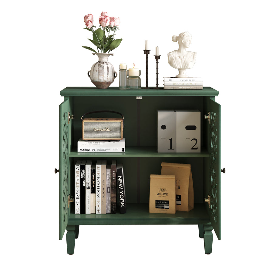 Vintage Accent Cabinet with Carved Floral Doors and Solid Wood Legs, Antique Green, view 15