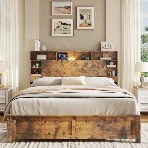 Queen Bed Frame with Bookcase Headboard, Charging Station and LED Lights, Wood Platform Bed, Dark Brown