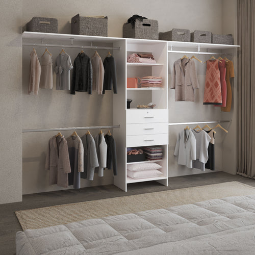Adjustable Closet System with 3 Drawers, 5 Shelves and 4 Hanging Rods - 69" to 118" Wide White