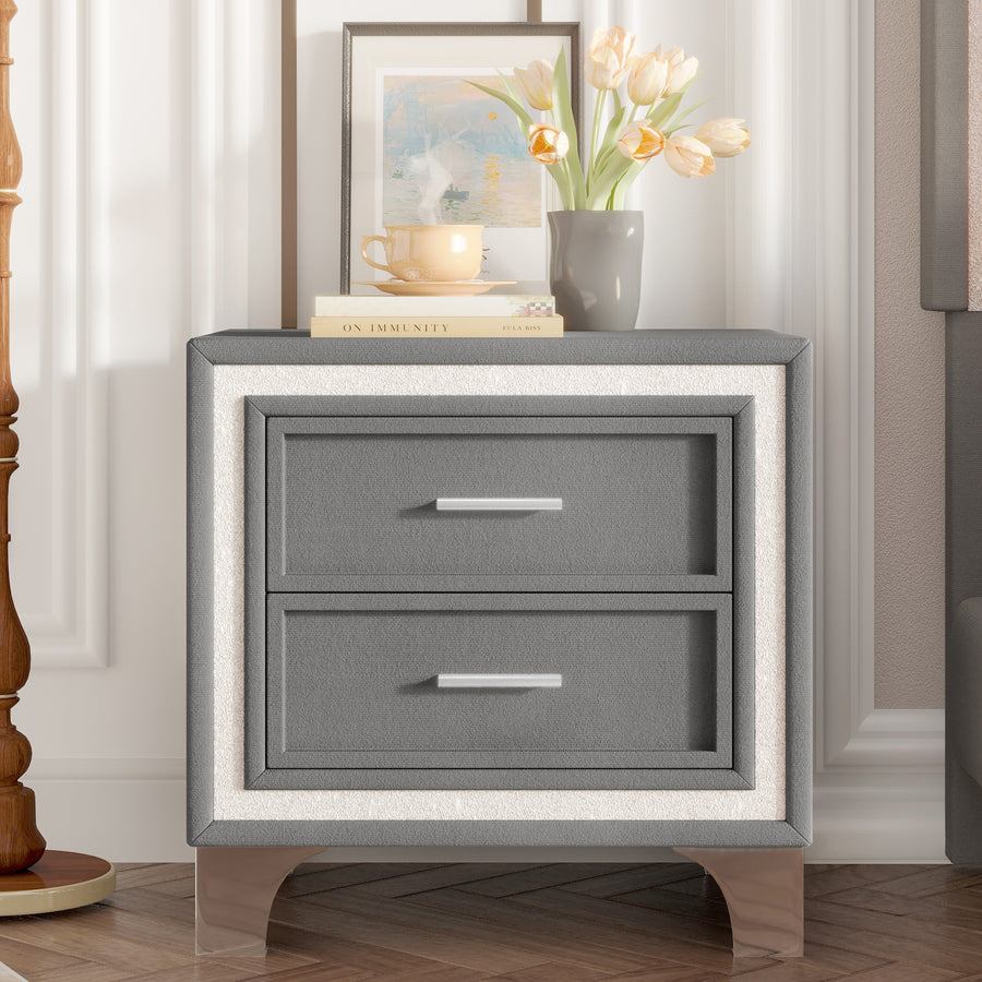 Gray Mid-Century Velvet 2-Drawer Nightstand – Vintage Bedside Table with Silver Glitter Accent & Metal Legs