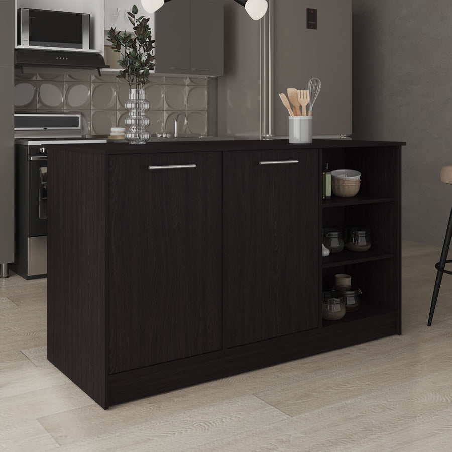 Ginger Kitchen Island, Three Open Shelves, Two Cabinets White / Black