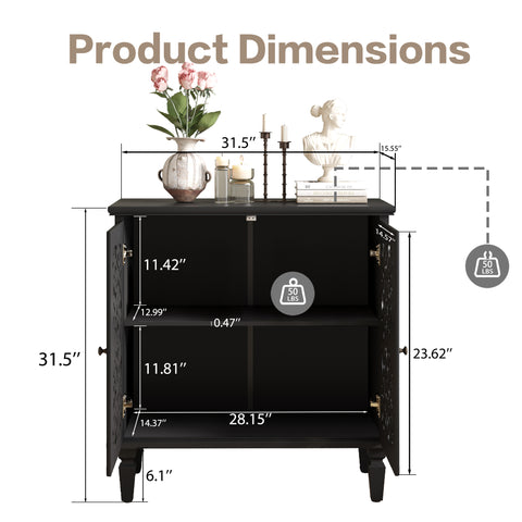 Vintage Accent Cabinet with Carved Floral Doors and Solid Wood Legs, Black, view 9