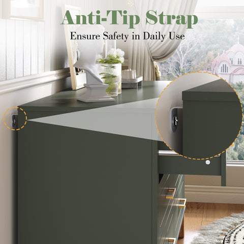 Mid-Century 6-Drawer Double Dresser with Metal Handles and Solid Wood Legs, Olive, view 5