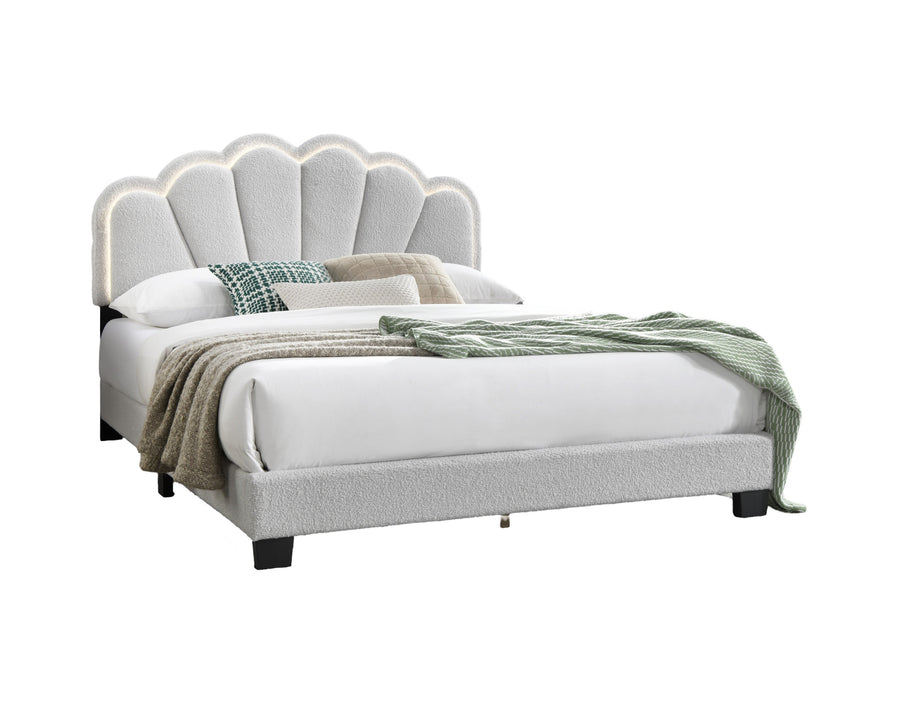 Queen Upholstered Platform Bed with Floral Headboard and Built-In LED, White, view 7