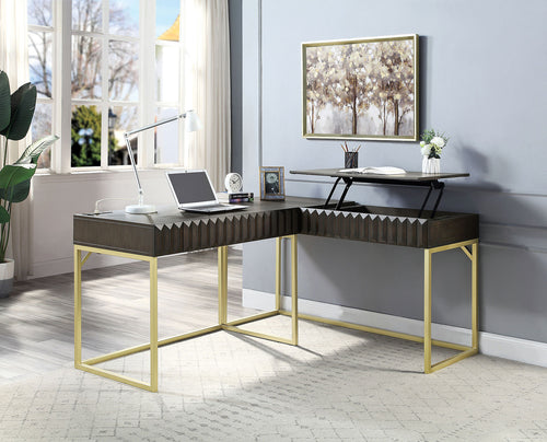 Lift-Top Computer Desk with USB Port, Power Outlet and Concealed Drawer, Two-Tone Walnut