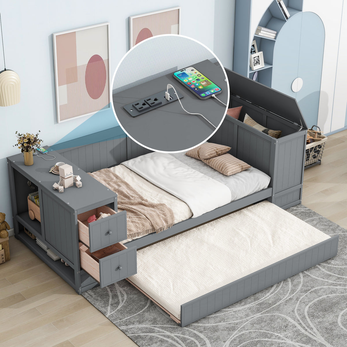 Twin Size Gray Daybed with Trundle, Storage Arms, and Built-in Charging Station – Modern Sofa Bed for Bedroom or Guest Room