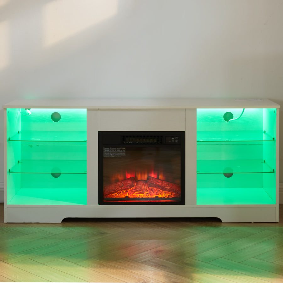 Electric Fireplace TV Stand with LED Lights and Glass Shelves, White, view 17