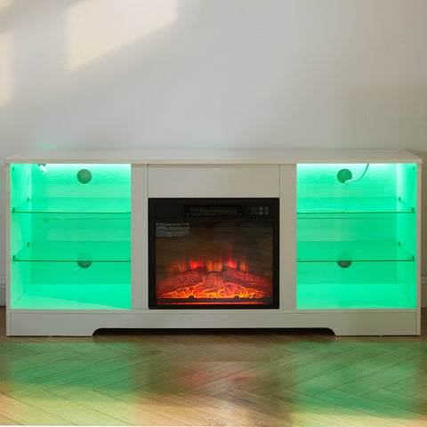 Electric Fireplace TV Stand with LED Lights and Glass Shelves, White, view 17