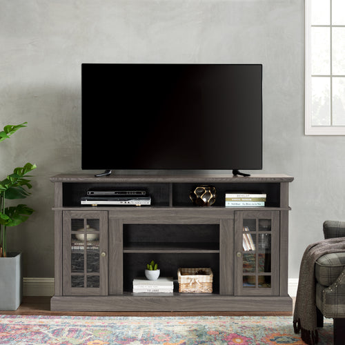Classic TV Stand for TVs Up to 65", 58" Entertainment Console with Open Shelves and Cabinets, Dark Walnut and Black