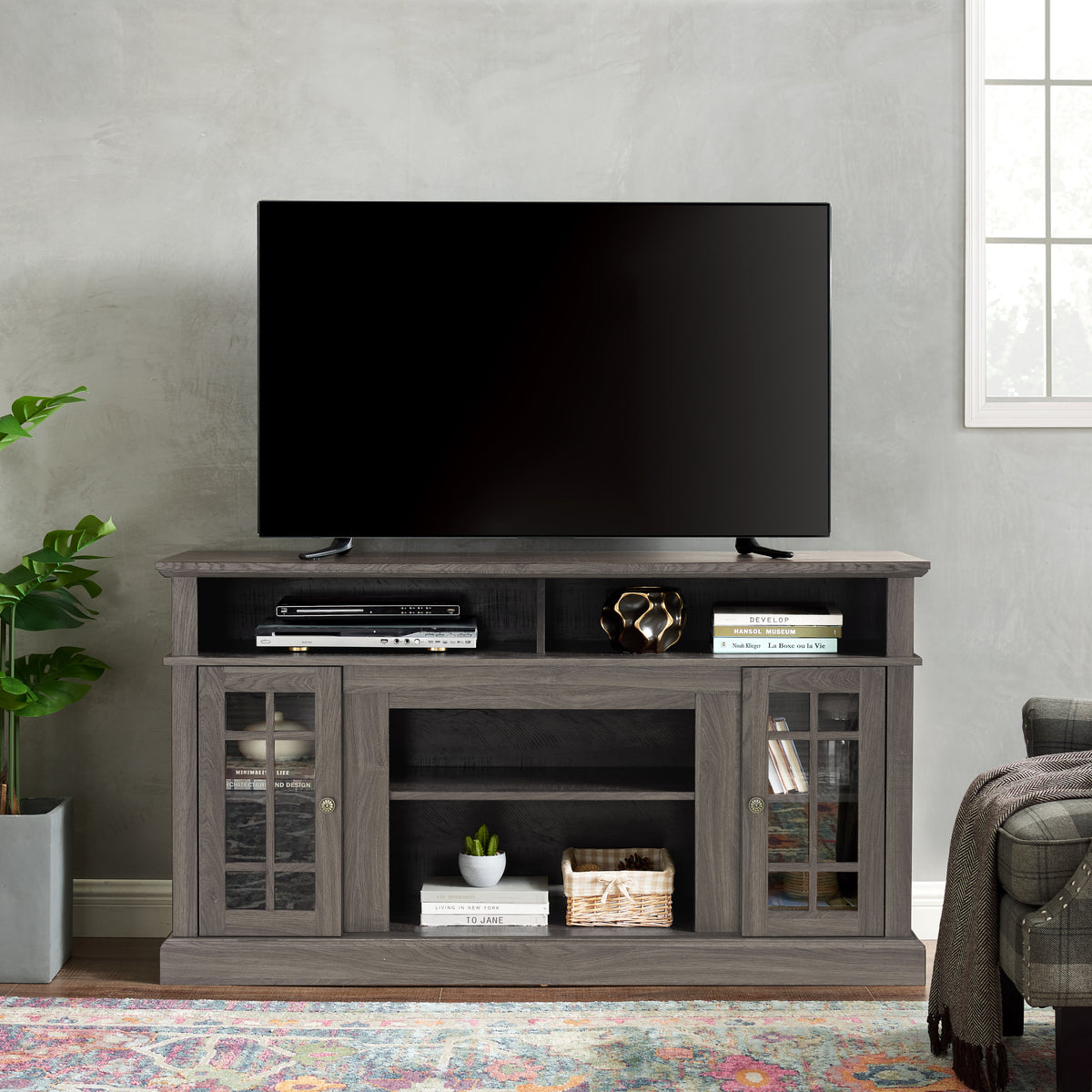 Classic TV Stand for TVs Up to 65", Dark Walnut and Black