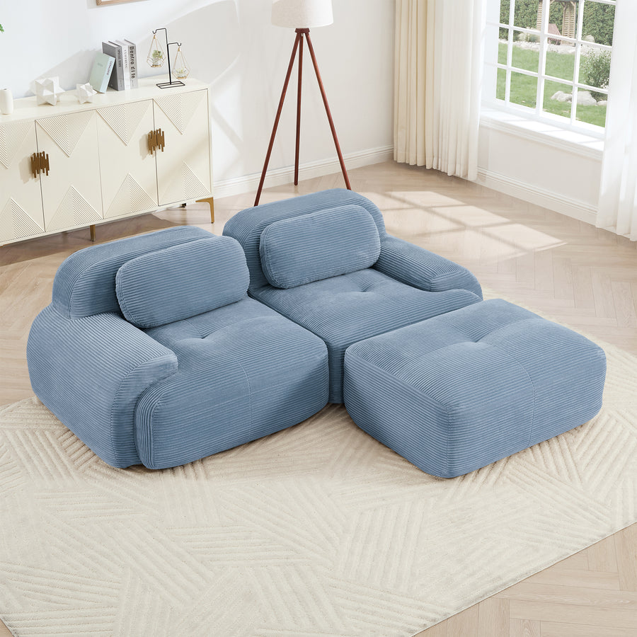 Blue Soft Corduroy 82'' L-Shaped Sofa | Modular No-Assembly Curved Armrest Couch
