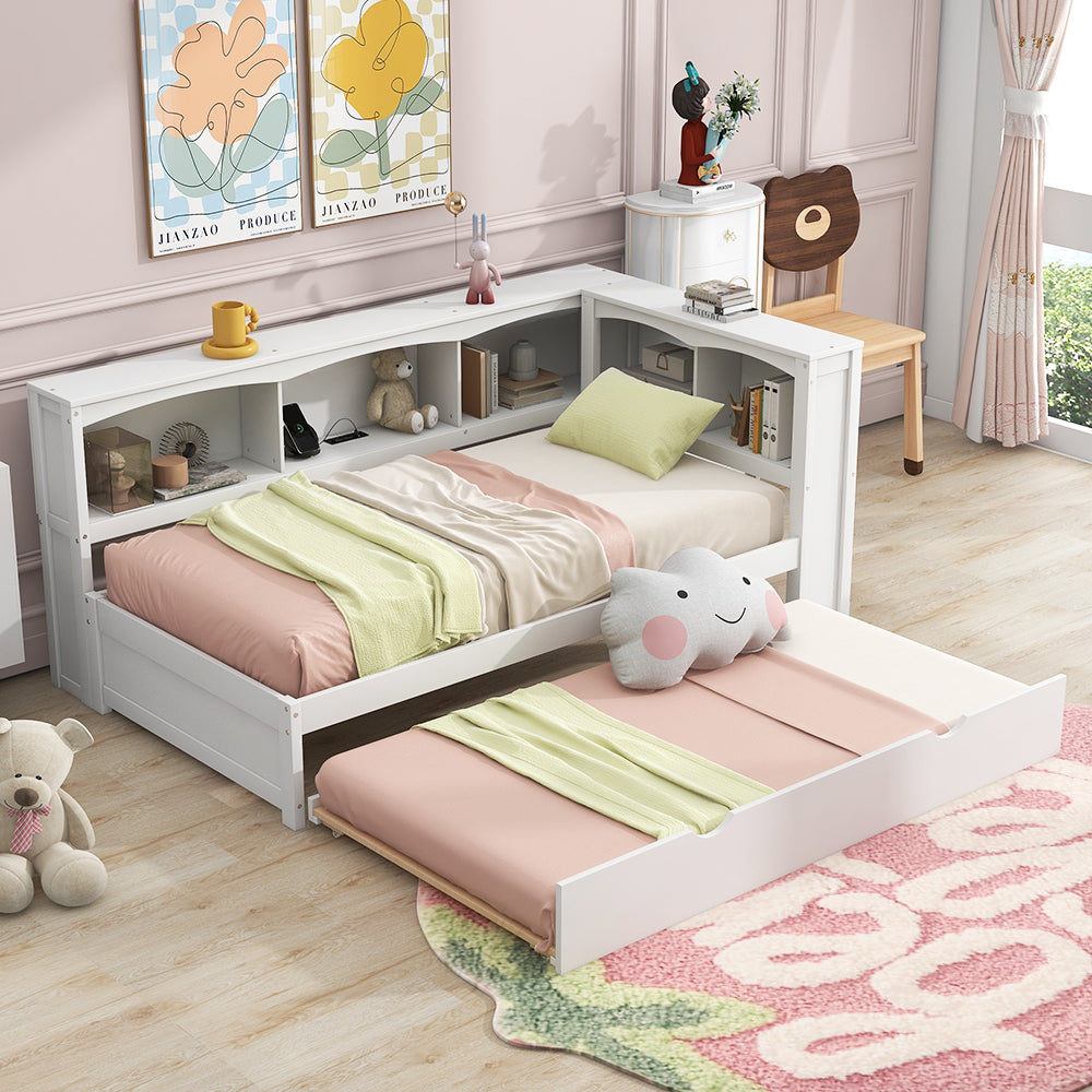 Twin Size White Daybed with Trundle, Storage Cabinets, and USB Ports – Space-Saving Bed for Kids, Teens, or Guest Room