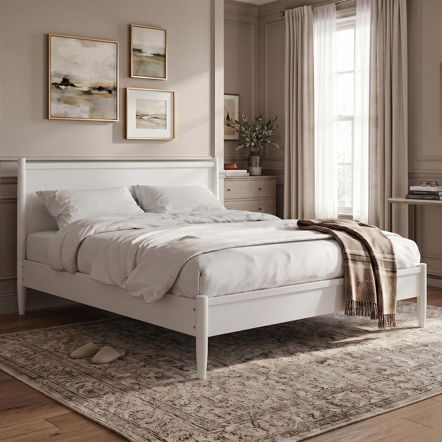 Mid-Century Modern California King Platform Bed with Tapered Legs and Slats, White, view 4