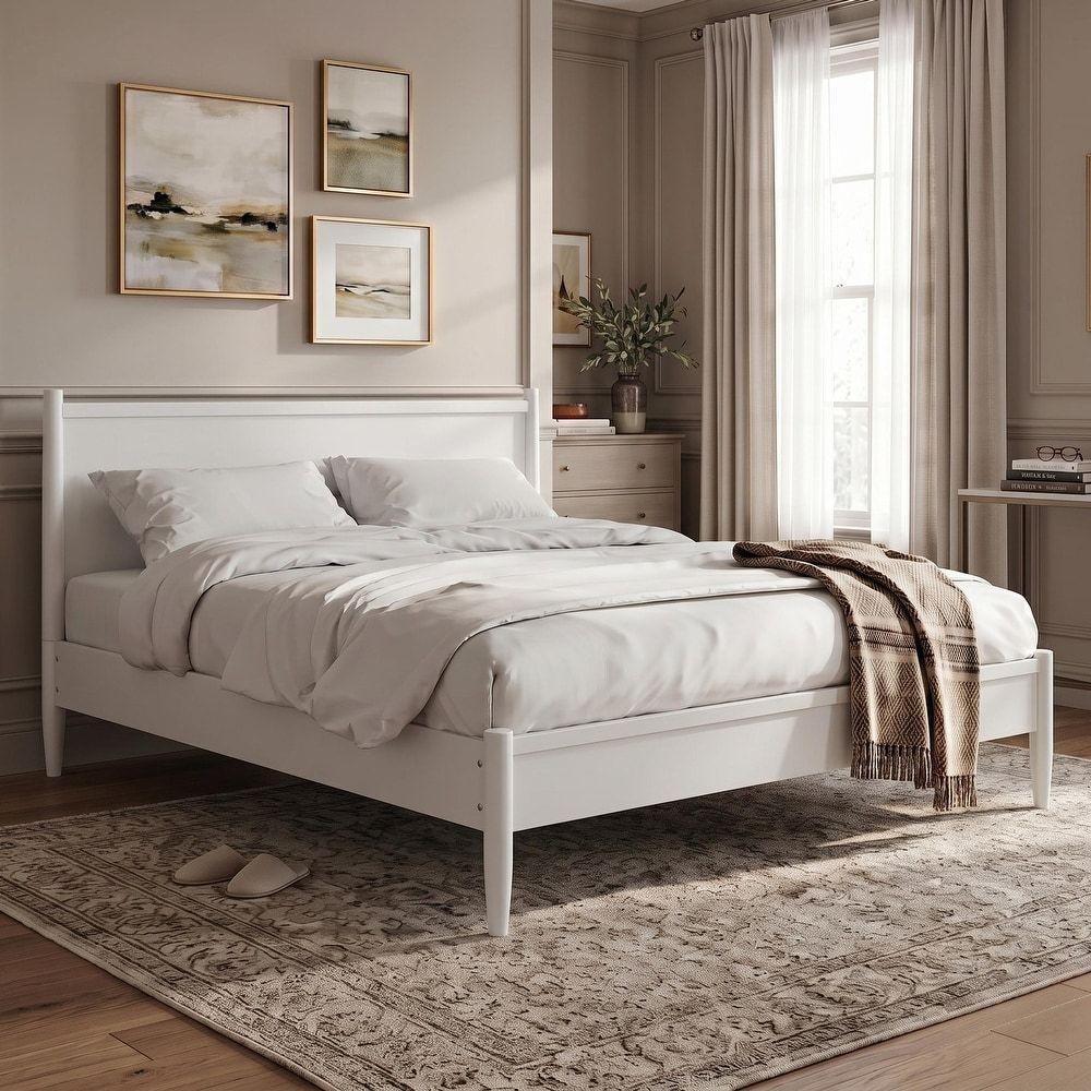 Mid-Century Modern King Platform Bed with Tapered Legs and Slats, White