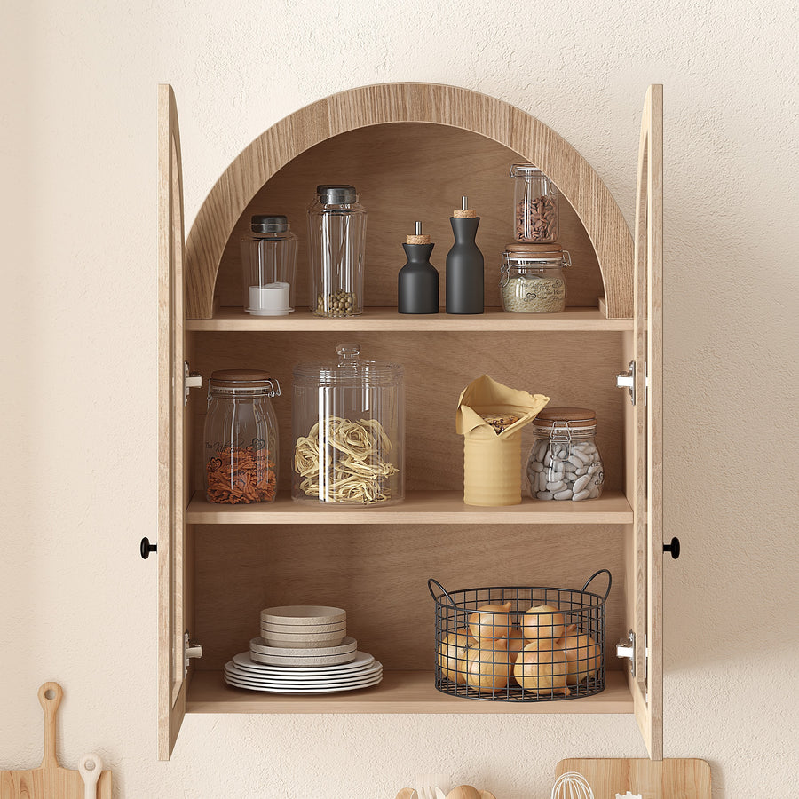 Arched Wall Cabinet with Tempered Glass Doors, Light Brown, view 4