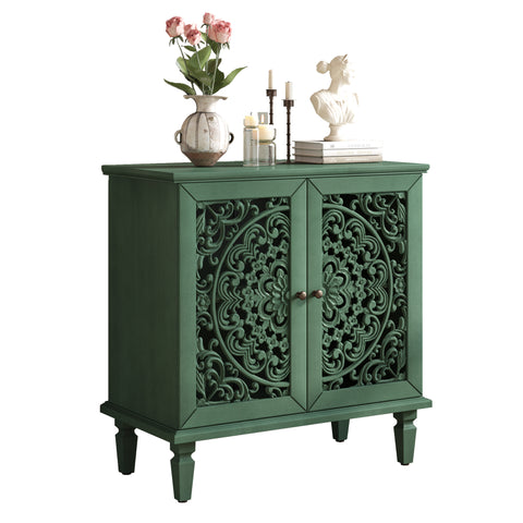 Vintage Accent Cabinet with Carved Floral Doors and Solid Wood Legs, Antique Green, view 14