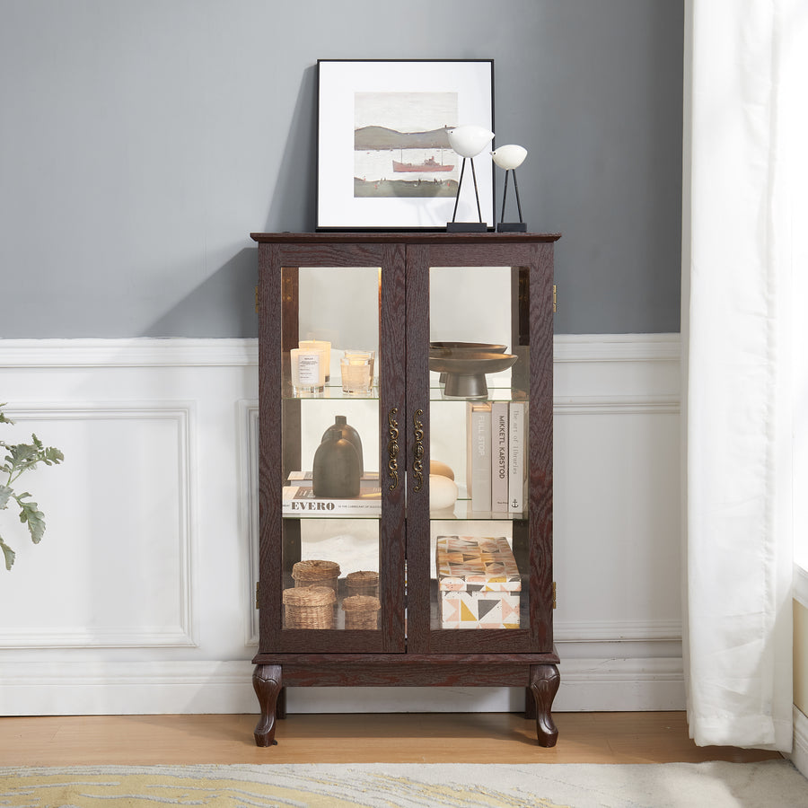Lighted Curio Cabinet with Tempered Glass Doors and Mirrored Back, Cherry, view 3