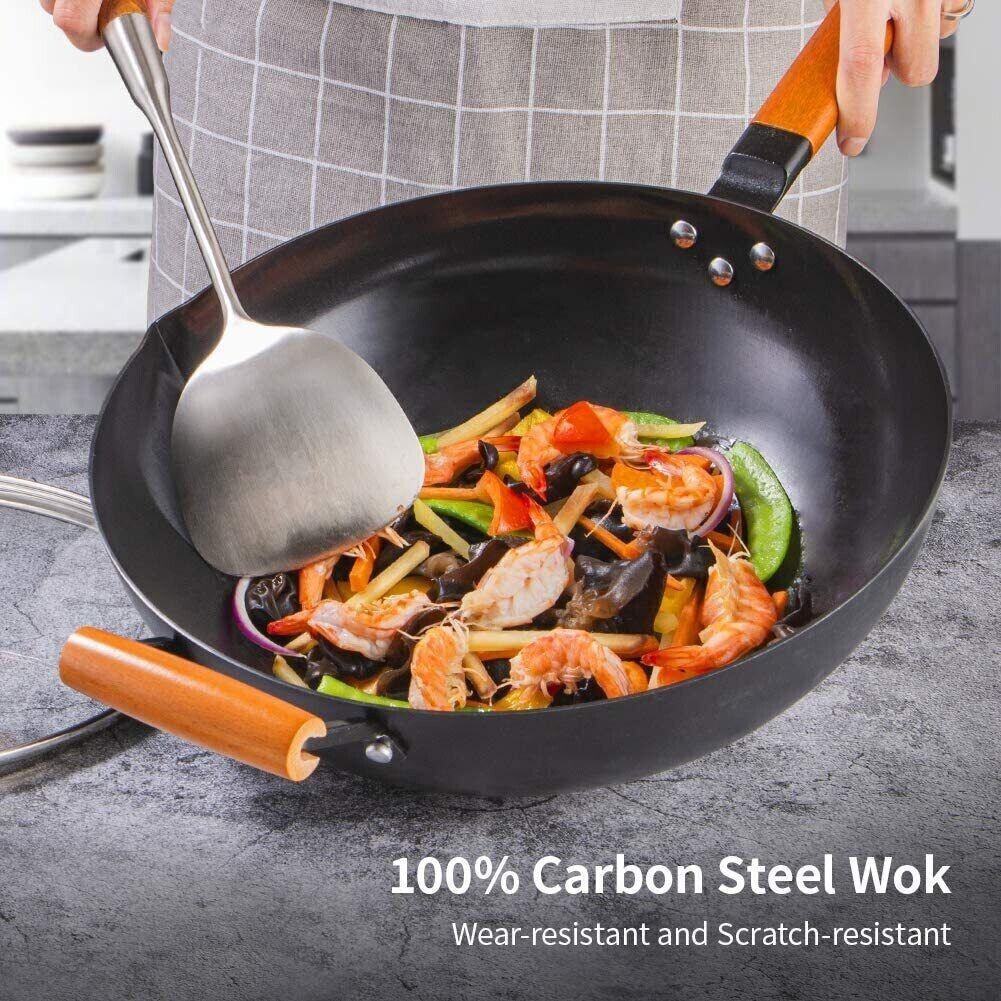 SKY LIGHT Wok Pan with Lid, Stir Fry Pan 12.5-inch, 100% Carbon Steel 12232