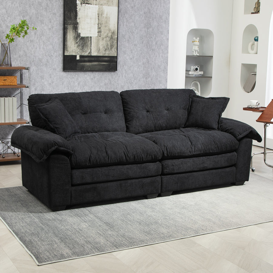 84" Black Chenille Loveseat - Deep Seat Memory Foam with 2 Pillows