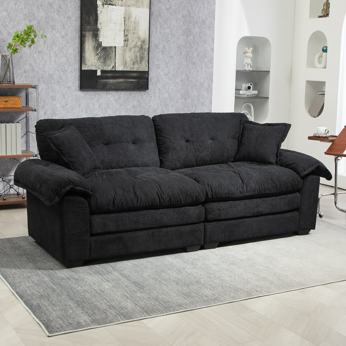 84" Black Chenille Loveseat - Deep Seat Memory Foam with 2 Pillows