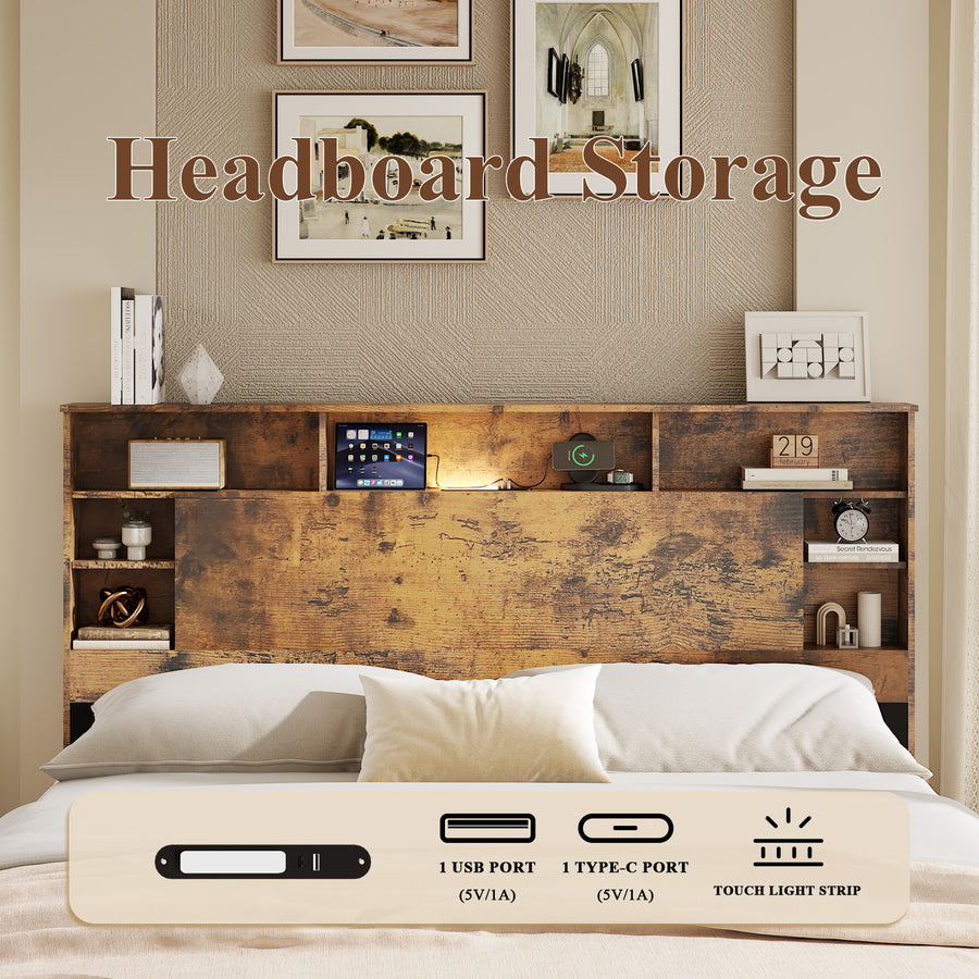 Queen Bed Frame with Bookcase Headboard, Dark Brown, view 3
