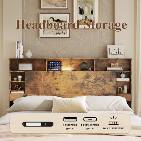 Queen Bed Frame with Bookcase Headboard, Dark Brown, view 3