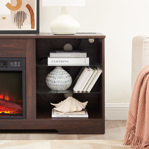 Electric Fireplace TV Stand with LED Lights and Glass Shelves, Espresso, view 7
