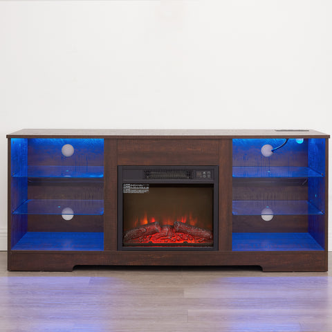 Electric Fireplace TV Stand with LED Lights and Glass Shelves, Espresso, view 18