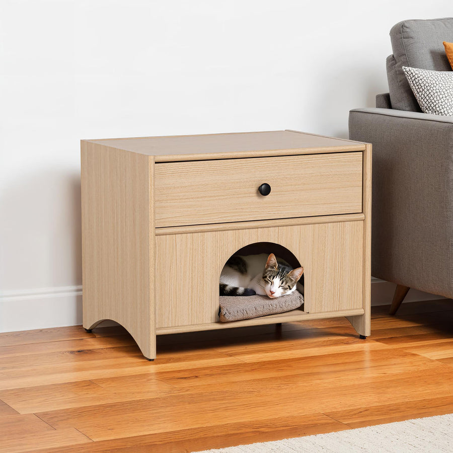 Natural Pet-Friendly Side Table with Drawer & Pet Nook