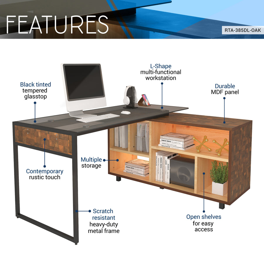 Techni Mobili oak L-shaped computer desk with six storage shelves - view 3