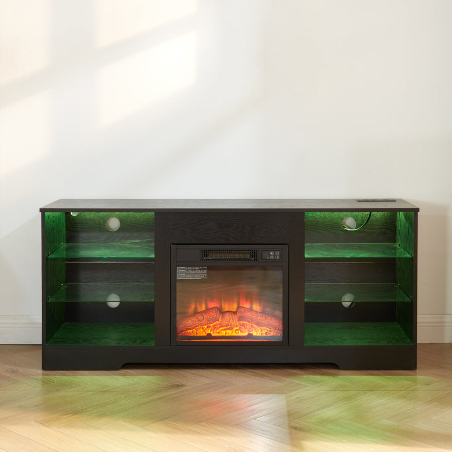 Electric Fireplace TV Stand with LED Lights and Glass Shelves, Black, view 15