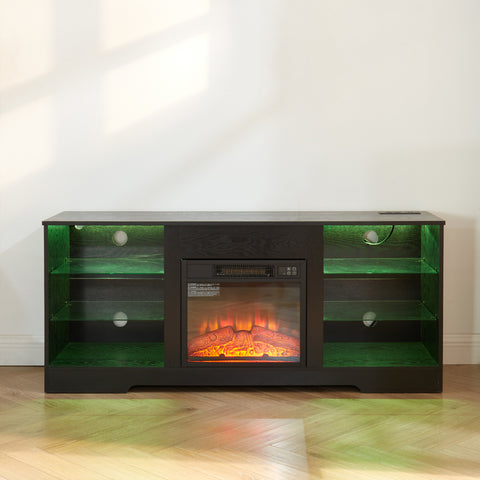 Electric Fireplace TV Stand with LED Lights and Glass Shelves, Black, view 15