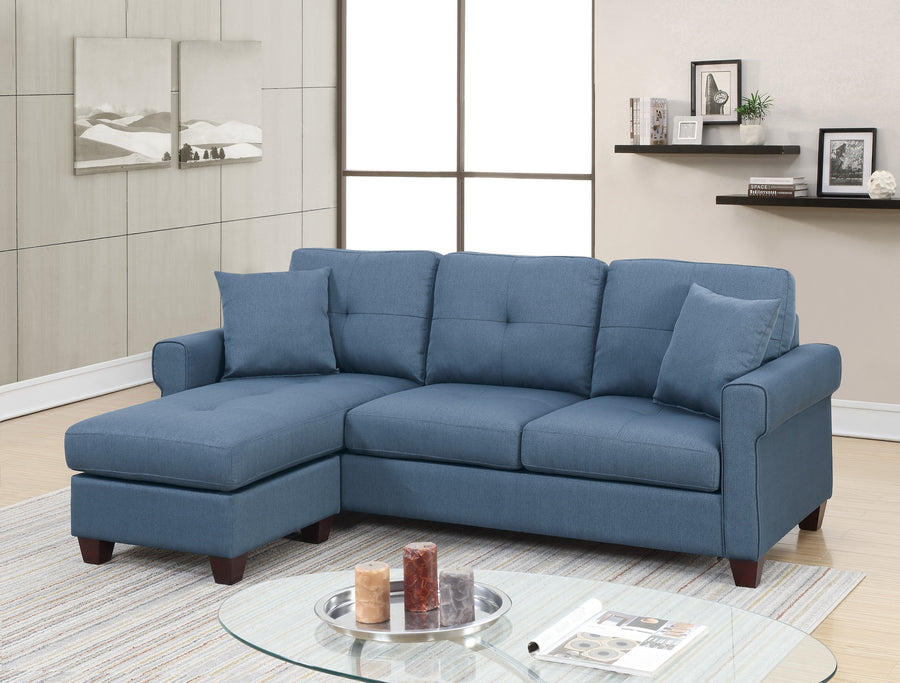 Blue Glossy Polyfiber Tufted Cushion Reversible Chaise Sectional Sofa