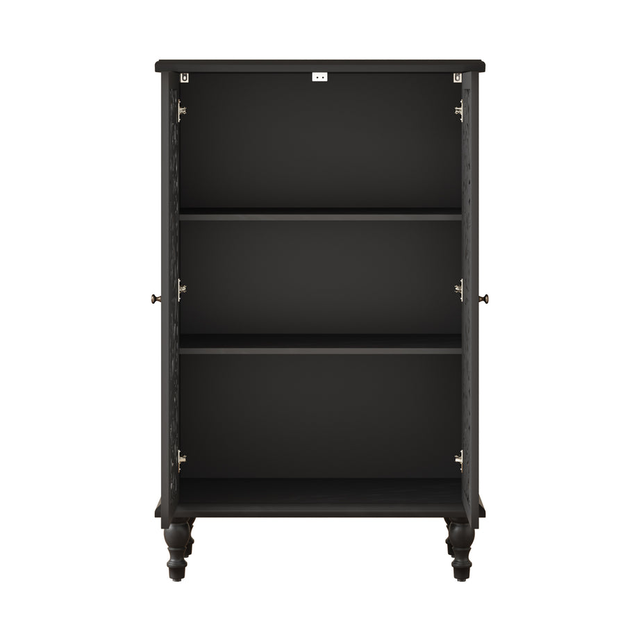 Farmhouse Accent Cabinet with Carved Hollow Doors and Turned Legs, Black, view 16