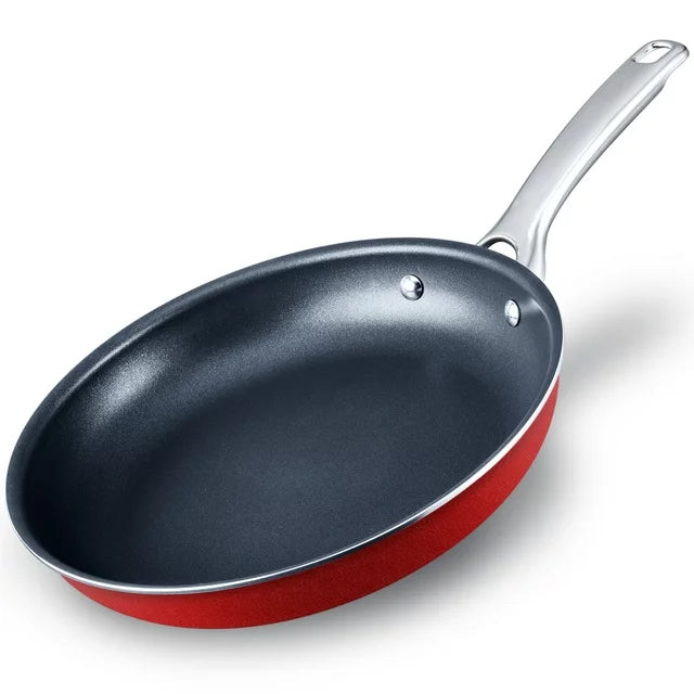 HITECLIFE 不沾深煎鍋，附蓋電磁炒鍋，可用洗碗機清洗，9.5 英寸，24 厘米，紅色